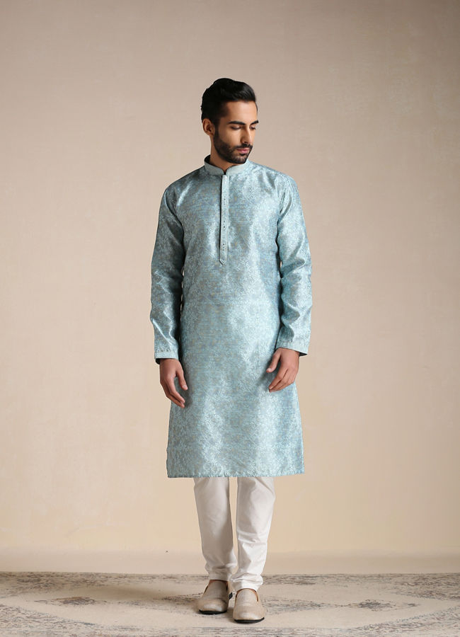 alt message - Manyavar Men Aquamarine Blue Jacquard Pattern Kurta Set image number 1